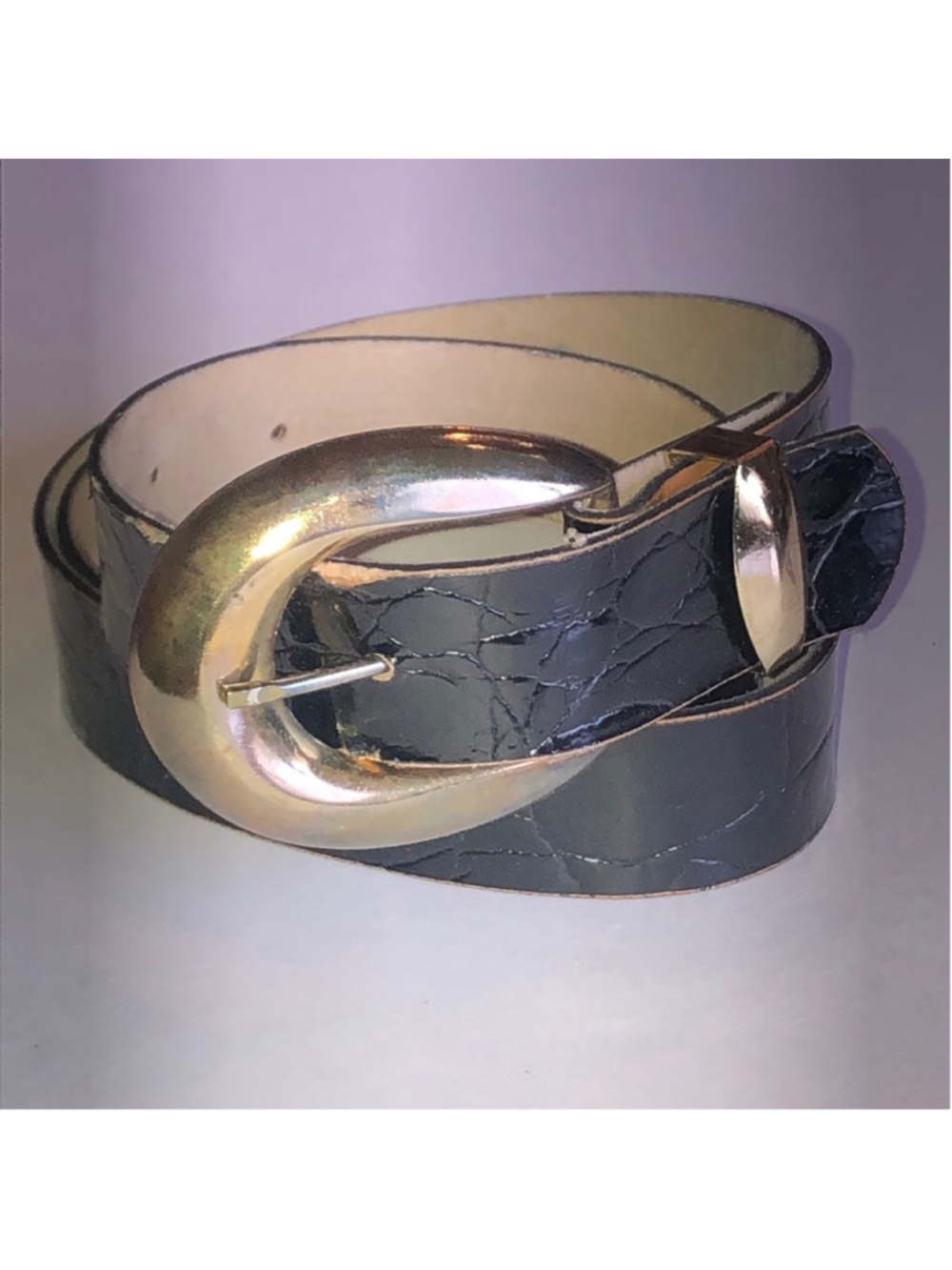 Classic Black Leather Belt with Gold Tone Buckle